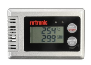Front panel of Rotronic HygroLog HL-1D showing LCD display and switchable Max/MIN/AVG statistical temperature and relative humidity readout
