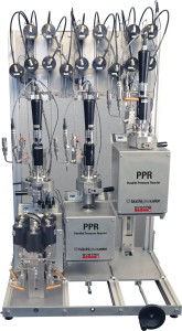 Three-reactor PPR system showing lift-lower mechanism