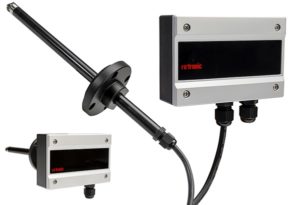 Rotronic AF1 airflow measurement transmitter in duct mount version (L) and wall mounted with cabled probe.