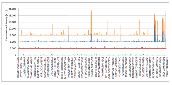 Example 1: Epitope signal hits of Mycoplasmal surfome derived peptides arranged in high density peptide array immune analytics by use of serum of infected animal's in life vaccine development.