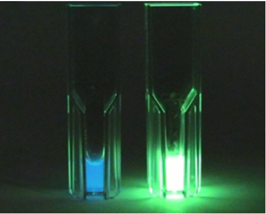 Comparison of the luminophores: Light emissions of a conventional dioxetane-based probe (left) and AquaSpark™ probe (right). Performed under optimized conditions for both probes.