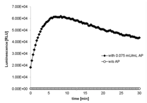 AquaSpark luminescence persists over time: this test mixed solutions of 10 µM AquaSpark™ Broad Range Phosphatase Substrate (Cat. No. A-8163_P00) with 0.075 mU/mL of AP (calf intestine alkaline phosphatase ) or with Tris buffer (w/o AP). Maximum light levels were reached immediately after activation of both of AquaSpark™ Broad Range Phosphatase Substrate and high light emission persists for 30 minutes. The very low background luminescence of this substrate enables beautiful Western blot images with minimal background.