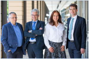 The prize-winners of the IQ Innovation Award 2019 (from left): Dr. Steffen Wittmann, Head of Development at HAPILA, Dr. Uwe Müller, CEO of HAPILA, Dr. Julia Dreisbach from clinical center of Ludwig Maximilian University Munich and Dr. Florian Kloß, head of the Leibniz Institute transfer group of anti-infectives
