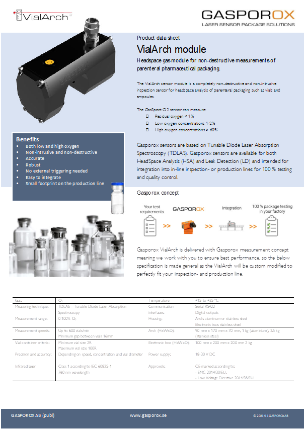 Gasporox VialArch™ headspace analysis sensor for automated high speed pharma container testing