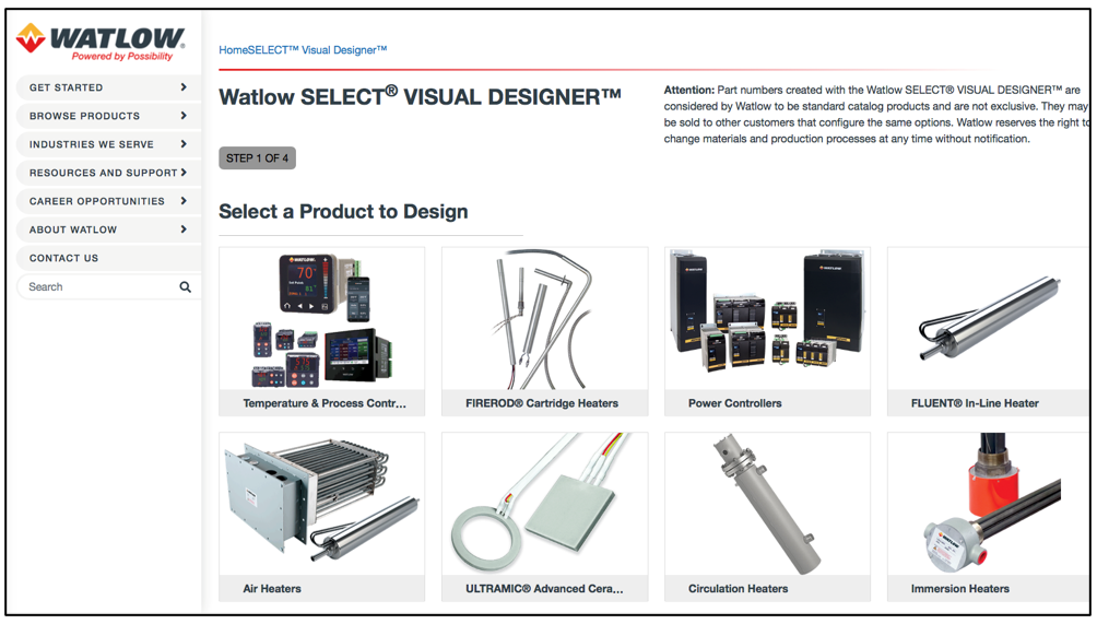 Innovative Watlow SELECT® Visual Designer tool allows  easy online product configuration