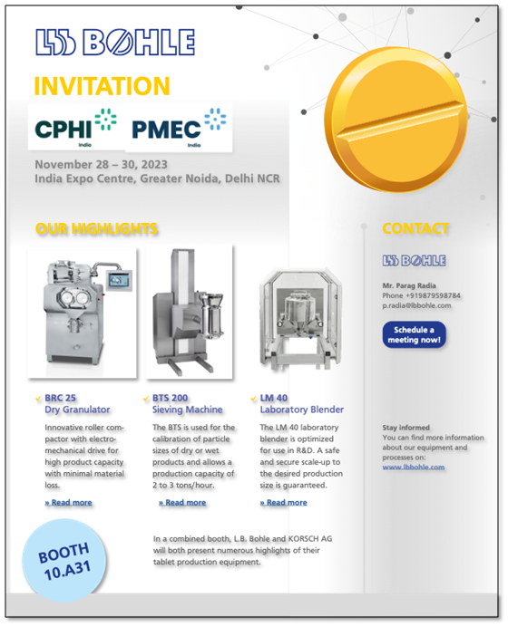 L.B. Bohle bringing advanced granulation, particle sizer and tablet coating solutions to PMEC India