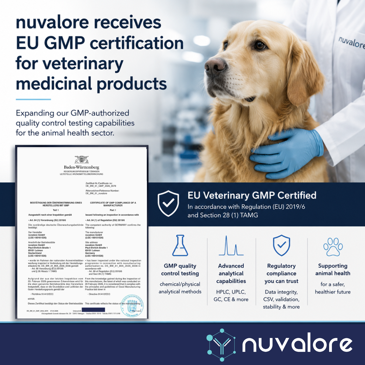 nuvalore receives EU GMP certification for veterinary medicinal products